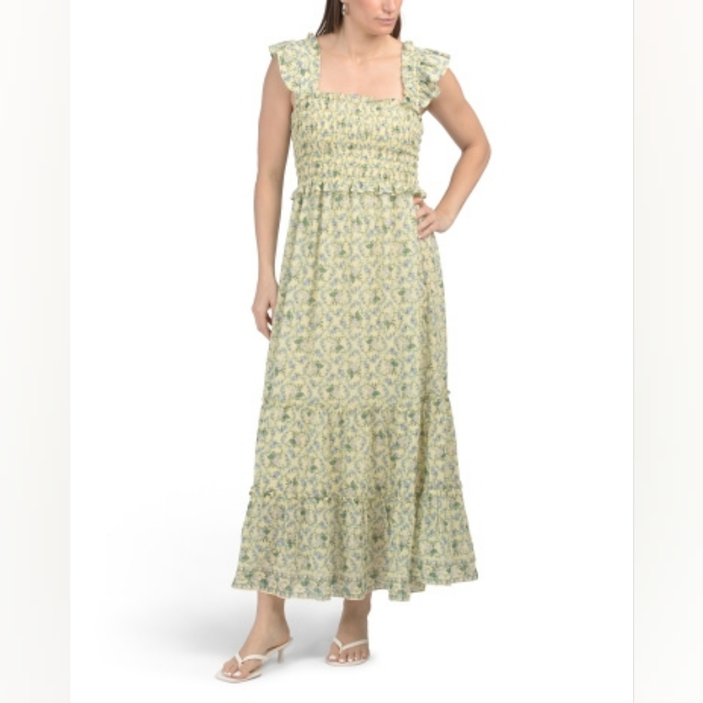 NWT - Max Studio Flutter Sleeve Smocked Bodice Tiered Lined Maxi Dress - Size L